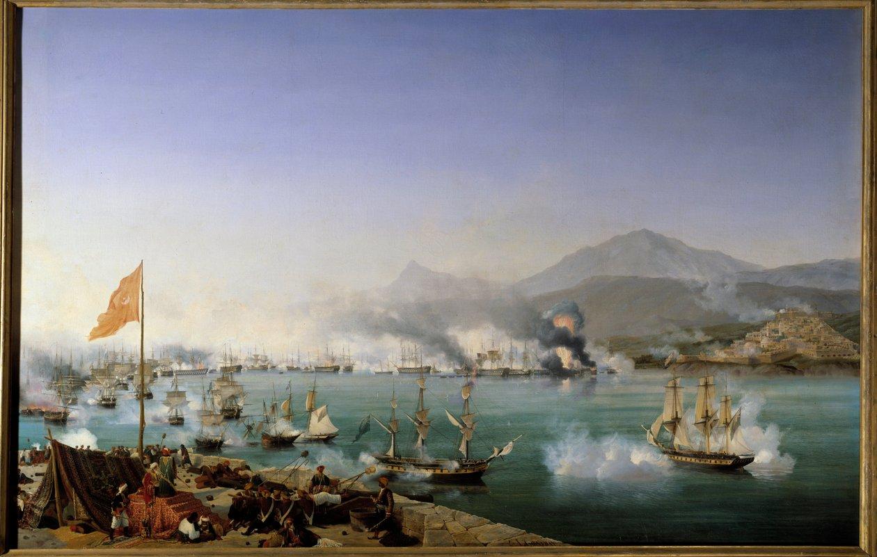 ギリシャ独立戦争:「View of Navarin's naval battle on 20/10/1827」 ナヴァリン湾(ピロス、ペロポネソス半島西部)で、オスマン帝国の艦隊とフランコ・アングロ・ロシアの艦隊との間で行われた。Ambroise Louis Garneray(1783-1857)による絵画 1831 Sun.1,79 x